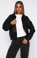 Might Cause Trouble PU Bomber Jacket Black