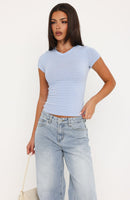 Fell Into Place V Neck Striped Short Sleeve Top Baby Blue/White