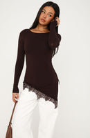 Stepping Out Later Lace Trim Long Sleeve Top Chocolate