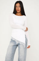 Stepping Out Later Lace Trim Long Sleeve Top White