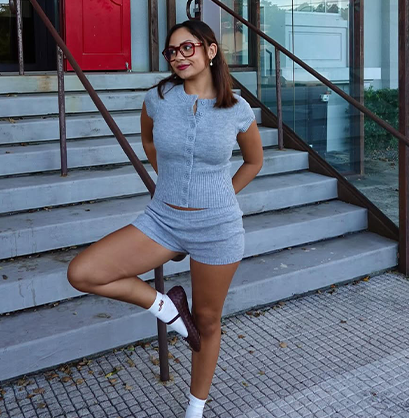 Girl in matching grey short-sleeved set