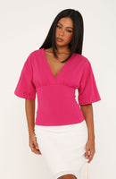All On The Line V Neck Short Sleeve Top Fuchsia