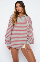 Out Again Long Sleeve Rugby Shirt Dark Grey Marle/Burgundy Stripe