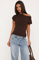 Finding Time Off Shoulder Knit Top Dark Chocolate