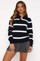 Standing Tall Knitted Polo Sweater Navy Stripe