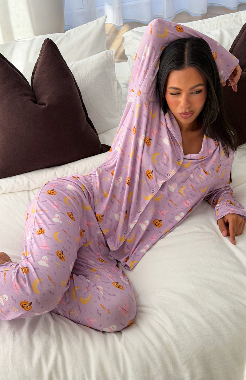 Pillow Talk Printed Long Sleeve Pyjama Set Lavender Haunt
