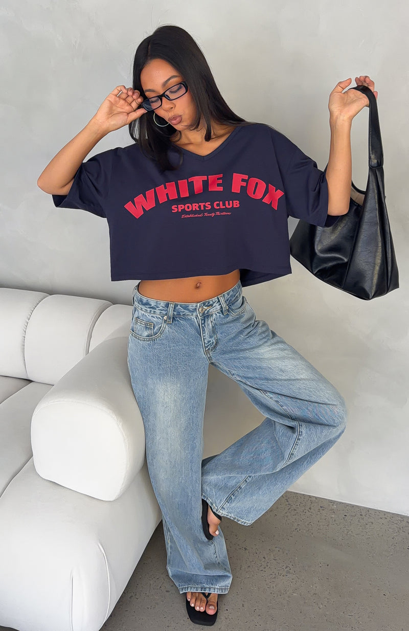 Take Notes V Neck Cropped Tee Navy