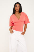 All On The Line V Neck Short Sleeve Top Coral