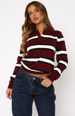 Standing Tall Knitted Polo Sweater Burgundy Stripe