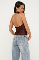 Watch And Learn Satin Halter Top Dark Chocolate