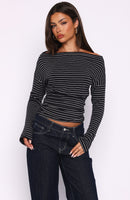 Another Time Cinched Waist Long Sleeve Top Black Stripe