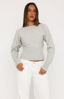 Checked In Cinched Waist Long Sleeve Knit Top Light Grey