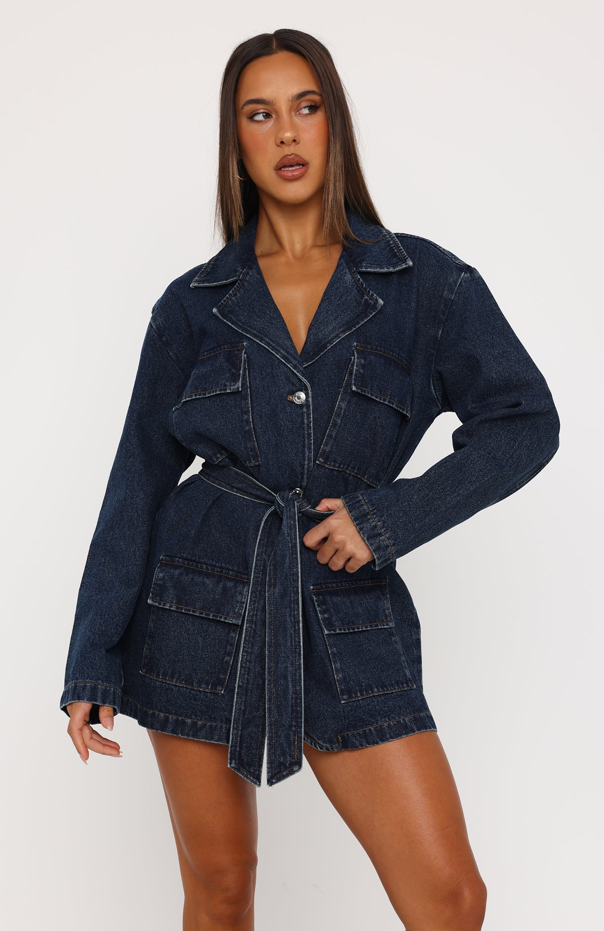 Freefall Romance Long Sleeve Denim Dress Dark Blue | White Fox Boutique