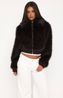 Glacial Chic Faux Fur Bomber Jacket Chocolate