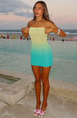 Hotter Than The Sun Crochet Mini Dress Lemon/Teal Ombre