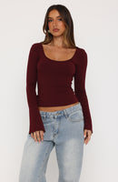 Model Off Duty Long Sleeve Top Burgundy