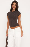 Fell Into Place V Neck Striped Short Sleeve Top Chocolate/White